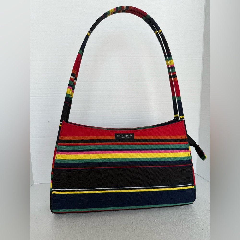 Vintage 90s Kate Spade Canvas Rainbow Striped Multicolor Bag Purse Footed Bottom